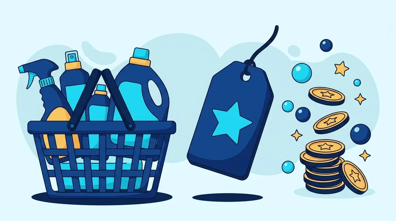 Il programma punti illustrato: cesto di detergenti professionali, cartellino sconto con stella e monete