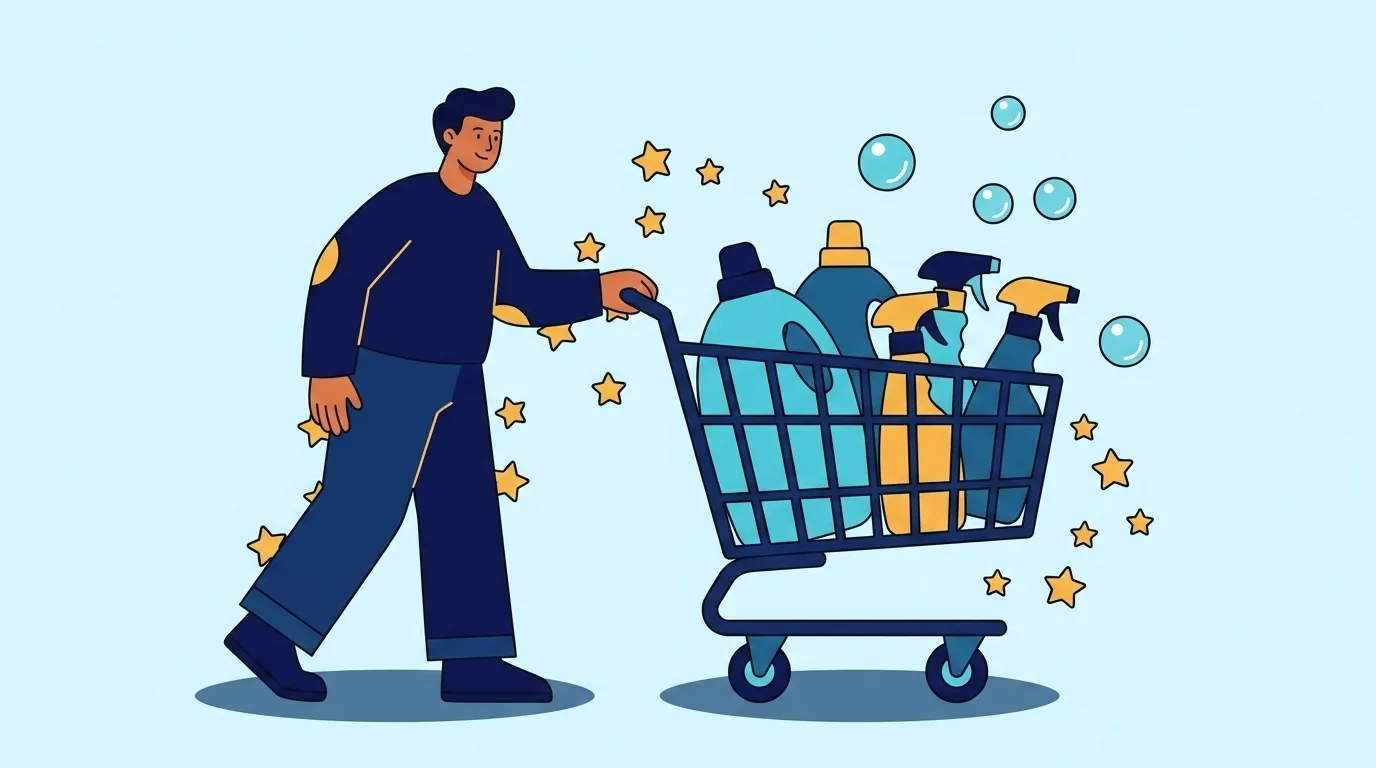 Un cliente spinge il carrello pieno di detergenti mentre una scia di stelle segue i suoi acquisti