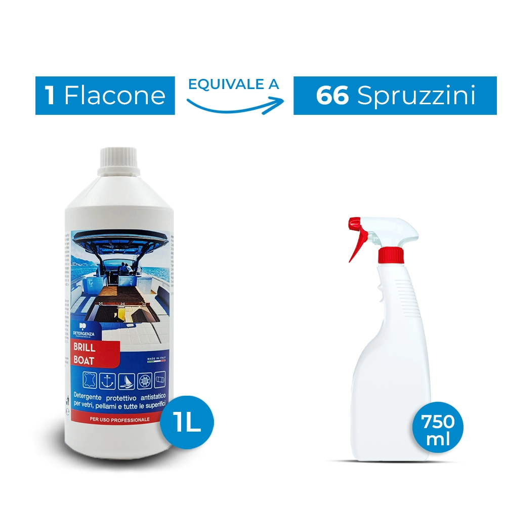 Detergenza Professionale Detergente Protettivo Antistatico per Vetri, Pellami e tutte le Superfici Brill Boat Ultra Concentrato 1L Equivale