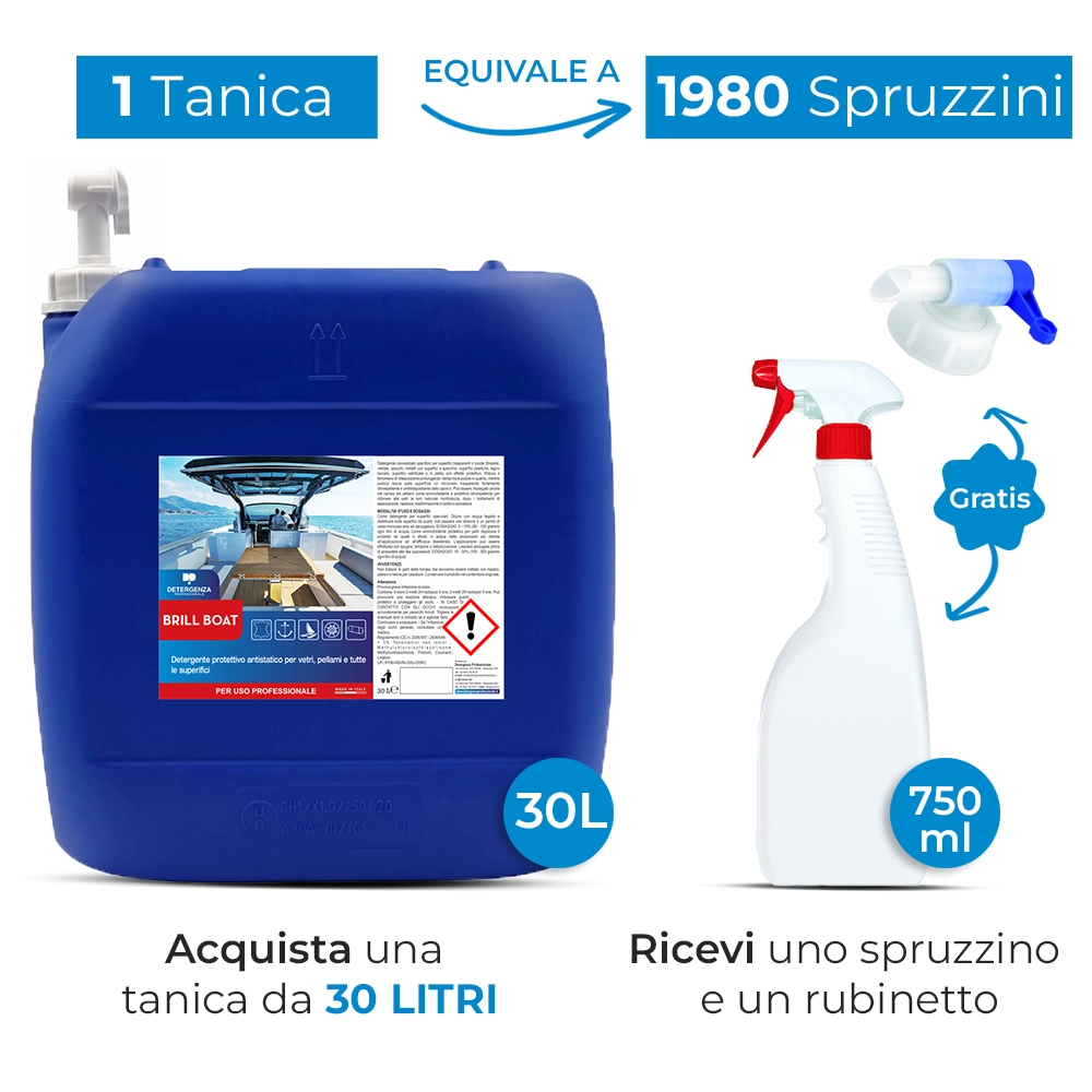 Detergenza Professionale Detergente Protettivo Antistatico per Vetri, Pellami e tutte le Superfici Brill Boat Ultra Concentrato 30L Equivale