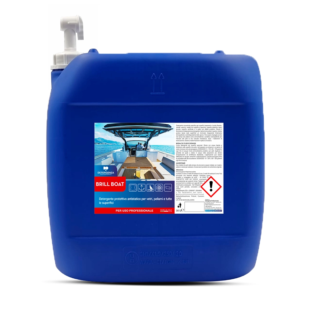 Detergenza Professionale Detergente Protettivo Antistatico per Vetri, Pellami e tutte le Superfici Brill Boat Ultra Concentrato 30L