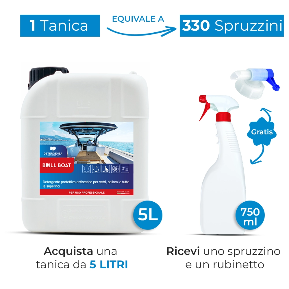 Detergenza Professionale Detergente Protettivo Antistatico per Vetri, Pellami e tutte le Superfici Brill Boat Ultra Concentrato 5L Equivale