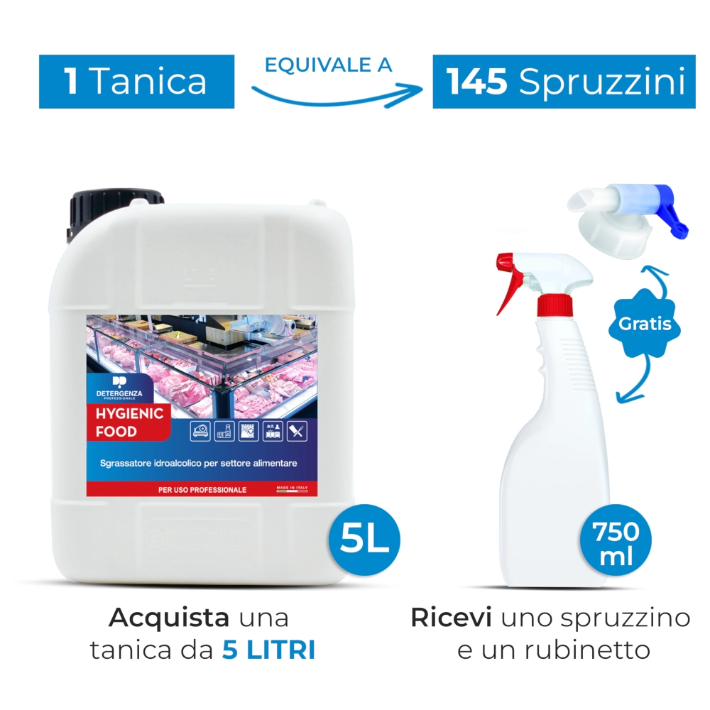 Detergenza Professionale Sgrassatore Idroalcolico per Settore Alimentare Hygienic Food Concentrato 5L Equivale