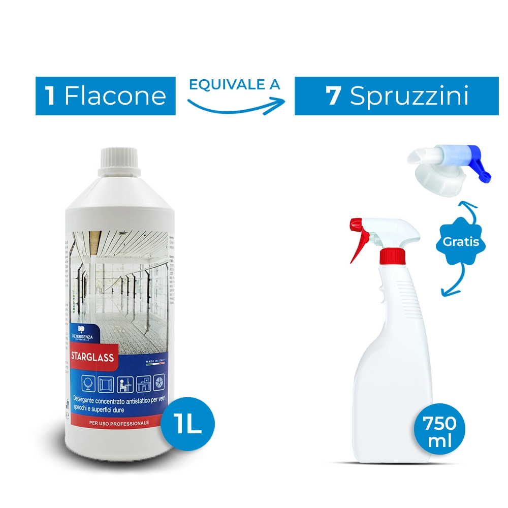 Detergenza Professionale Detergente Concentrato Antistatico per Vetri, Specchi e Superfici Dure Starglass 1L Equivale