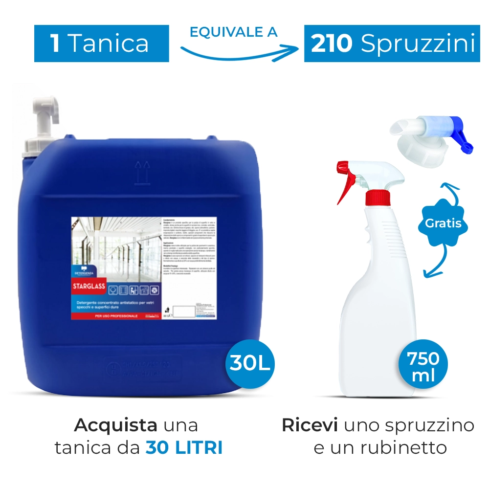 Detergenza Professionale Detergente Concentrato Antistatico per Vetri, Specchi e Superfici Dure Starglass 30L Equivale