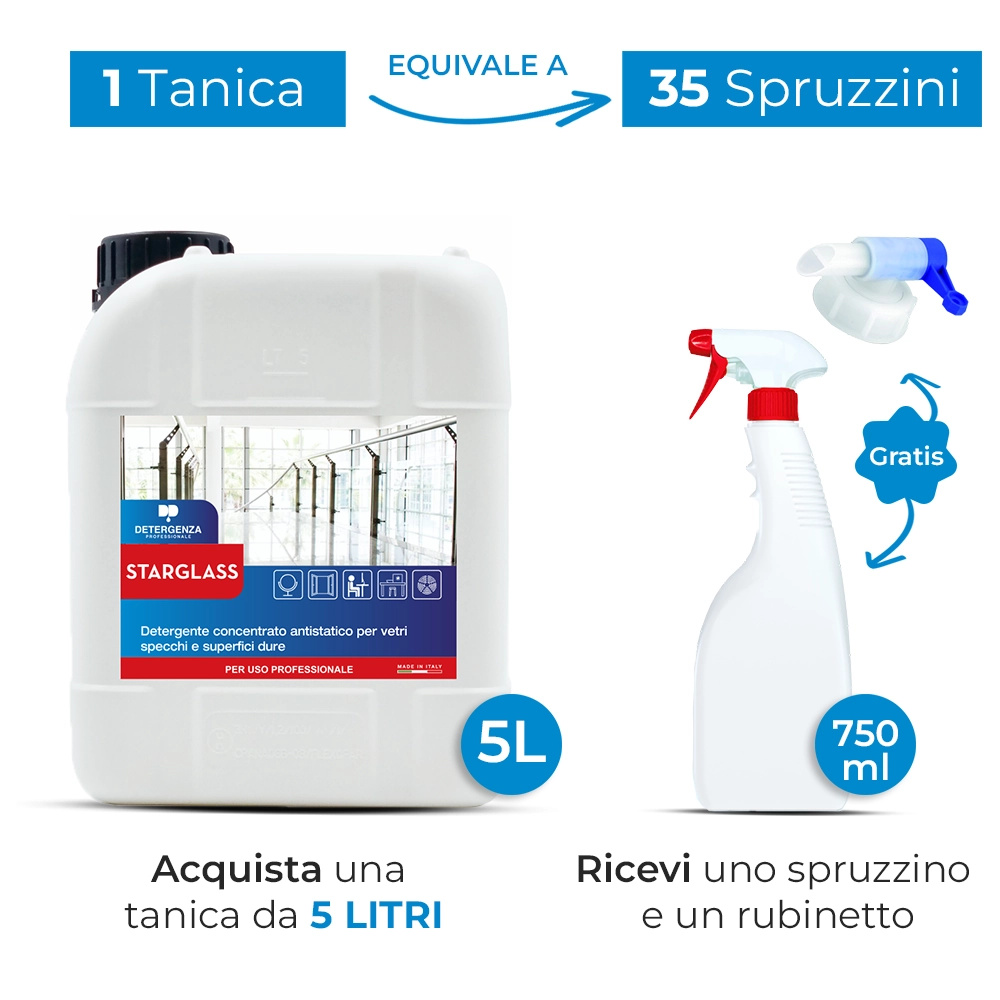 Detergenza Professionale Detergente Concentrato Antistatico per Vetri, Specchi e Superfici Dure Starglass 5L Equivale