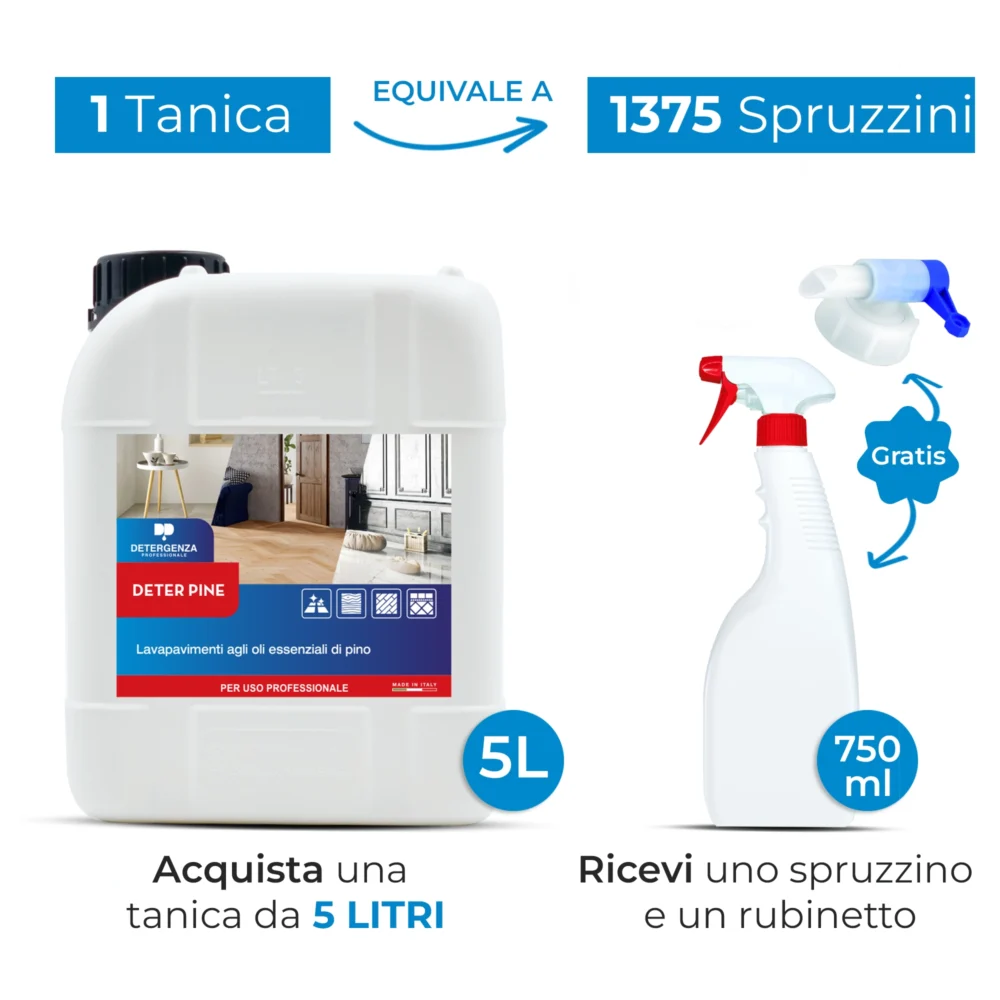 Detergenza Professionale Lavapavimenti agli Oli Essenziali di Pino Deter Pine Ultra Concentrato 5L Equivale